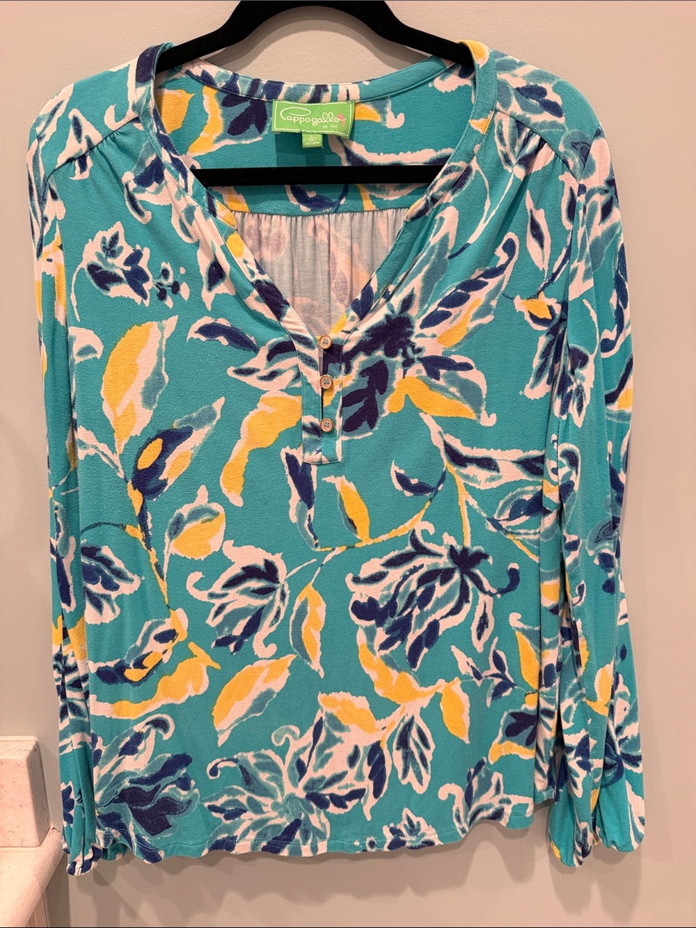 Pappagallo Teal Floral Long-Sleeve Henley Top with Yellow & Navy Accents